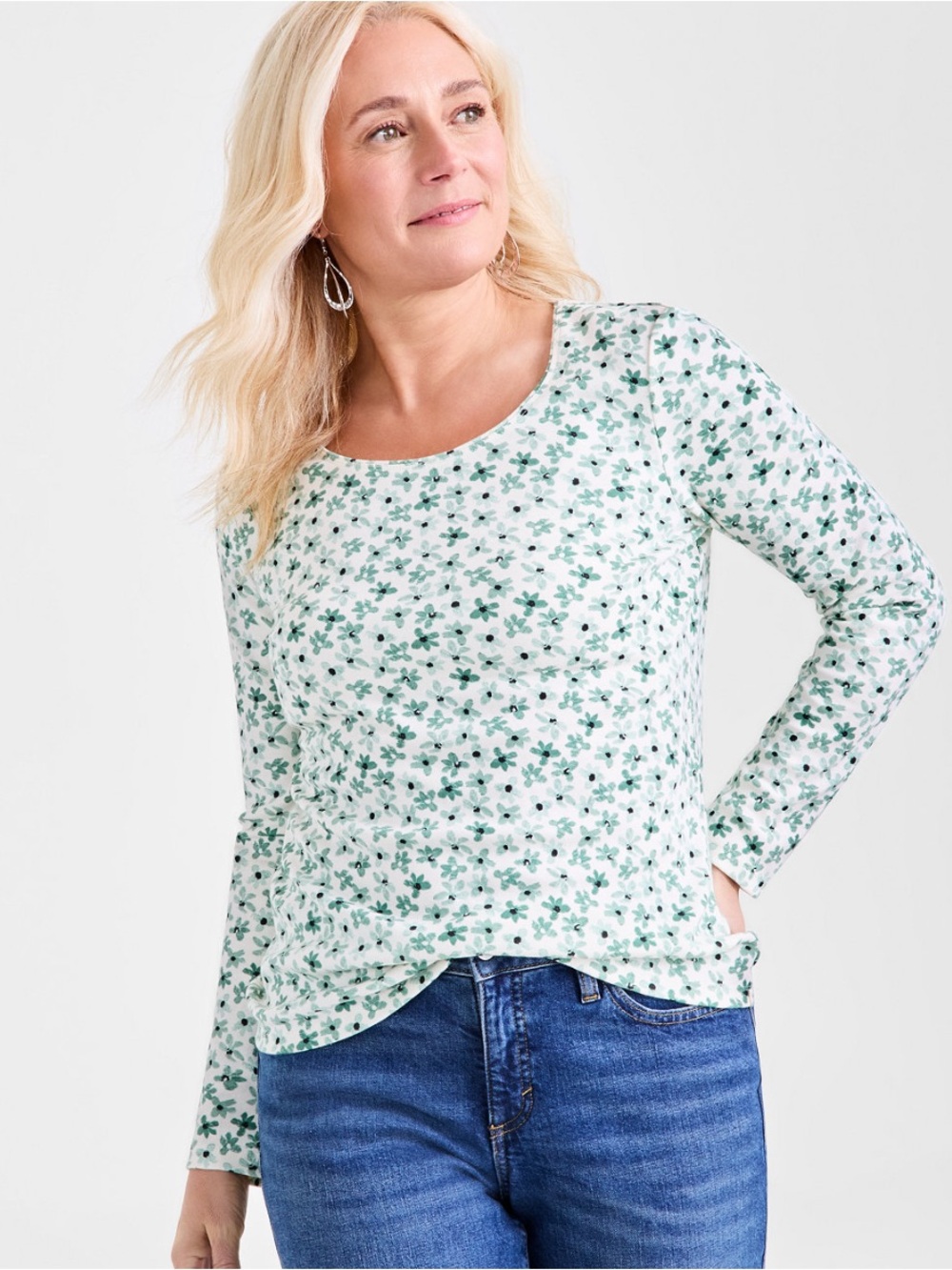 Style & Co 2x White Long-Sleeve Tee with Green Floral Print